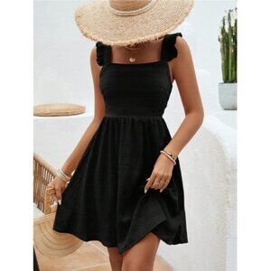 shirred bust square neckline ruffle tank straps boho mini dress black